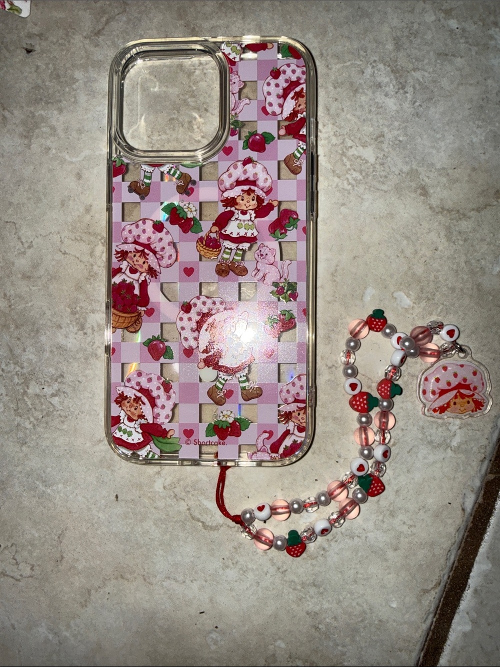 iPhone 16 Pro Max Case - Strawberry Shortcake with Matching Beaded Strap